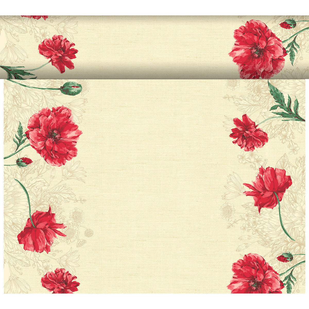 Der Dunicel-Tischläufer Tête-à-Tête 24 m x 0,4 m (20 Abschnitte) der Duni GmbH hat einen beigen Hintergrund mit roten Mohnblumen und grünen Stängeln an den Rändern, ideal für eine elegante Tischdekoration oder eine charmante Tête-à-Tête-Einrichtung.