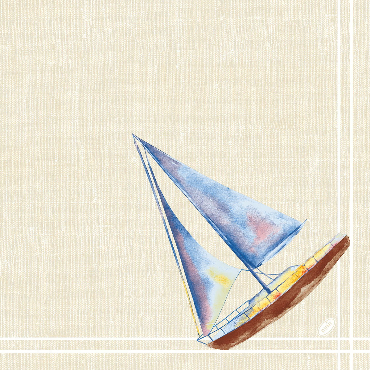 Ein aquarelliertes Segelboot mit blauen und gelben Segeln auf beigefarbenem, strukturiertem Hintergrund, weißen Randlinien und einem ovalen Etikett - ideal für Dunisoft-Servietten 40 x 40 cm 1/4 Falz der Duni GmbH.