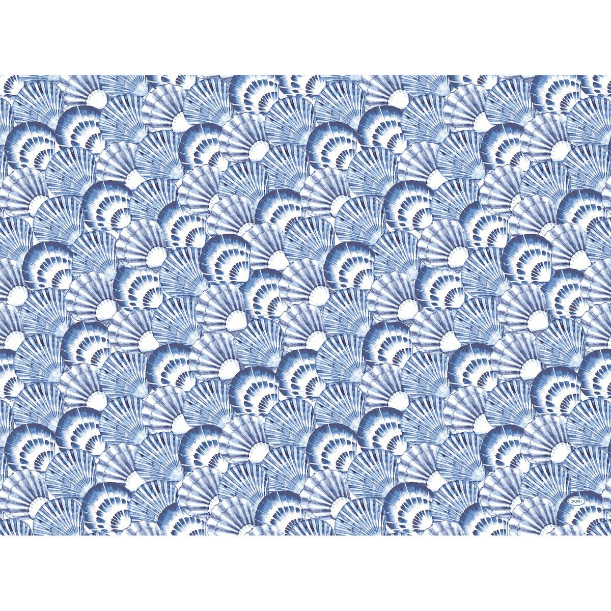 A dense blue-white shell pattern with detailed lines adorns the Duni GmbH paper placemats 30x40 cm Tide - High-quality table decoration, pack (250 pieces), perfect for the stylishly set table.