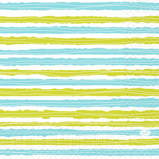 Duni GmbH Zelltuchservietten 33 x 33 cm, 3-lagig, Elise Stripes: Handgemalte blaue, gelbe und grüne Streifen mit hellgrauen Punkten auf Weiß. Ideal für eine stilvolle Tischdekoration. Packung mit 250 Servietten, 1/4 Falz.