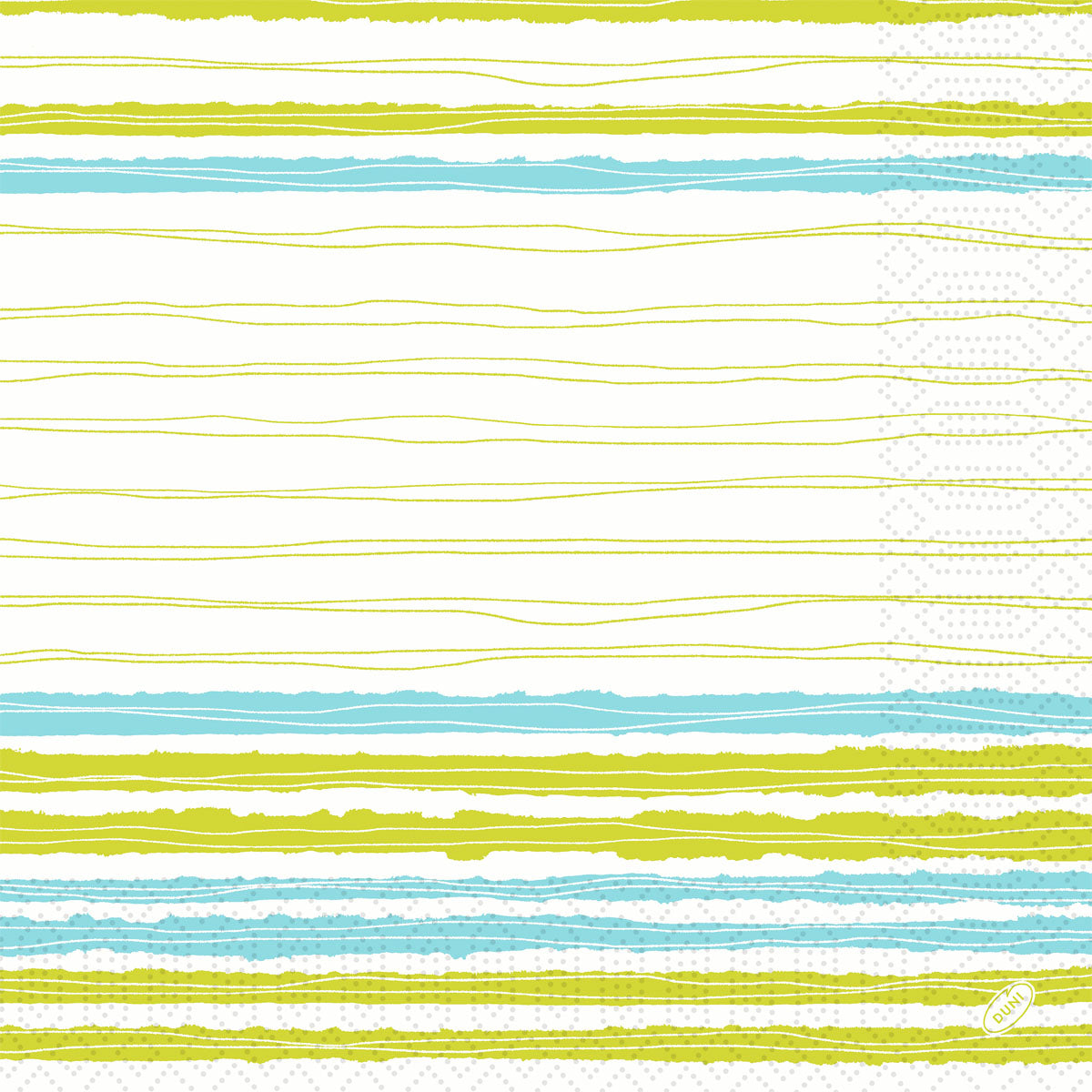 Abstrakte Streifen in Gelb, Grün und Hellblau auf Weiß, handgezeichnete Optik, mit kleinem runden Logo unten rechts. Zelltuchservietten Elise Stripes von Duni GmbH, 3-lagig, 40 x 40 cm, Packung mit 250 Servietten.