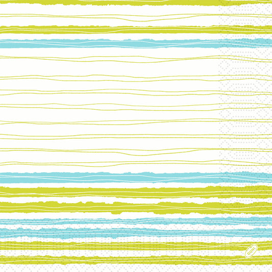 Abstrakte Streifen in Gelb, Grün und Hellblau auf Weiß, handgezeichnete Optik, mit kleinem runden Logo unten rechts. Zelltuchservietten Elise Stripes von Duni GmbH, 3-lagig, 40 x 40 cm, Packung mit 250 Servietten.