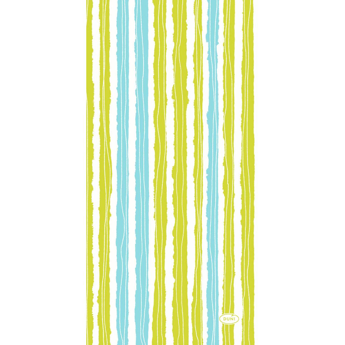 Dunisoft-Servietten 20 x 40 cm Elise Stripes von Duni GmbH haben handgezeichnete vertikale Streifen in Hellblau, Lindgrün und Weiß sowie ein kleines ovales "Duni"-Logo in der Ecke. Packung: 120 Servietten.