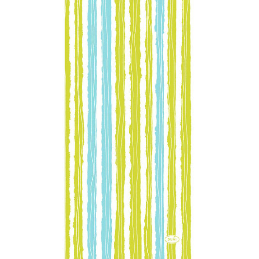 Dunisoft-Servietten 20 x 40 cm Elise Stripes von Duni GmbH haben handgezeichnete vertikale Streifen in Hellblau, Lindgrün und Weiß sowie ein kleines ovales "Duni"-Logo in der Ecke. Packung: 120 Servietten.