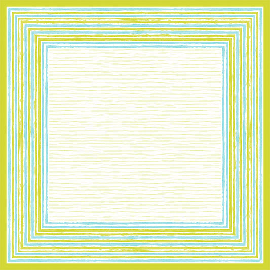 Die Dunicel-Mitteldecken 84 x 84 cm "Elise Stripes" der Duni GmbH haben einen quadratischen, geometrischen Rahmen mit blauen, gelben und grünen Streifen um einen cremefarbenen Mittelpunkt mit dezenten Linien. Verkauft in Packungen zu 100 Stück.