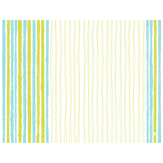 Die Duni GmbH Papier-Tischsets 30 x 40 cm "Elise Stripes" (250 Stück) zeigen auf der linken Seite abstrakte blaue, grüne und gelbe Wellenlinien, die auf weißem Hintergrund in dünne Linien übergehen - perfekt für eine moderne Tischdekoration.