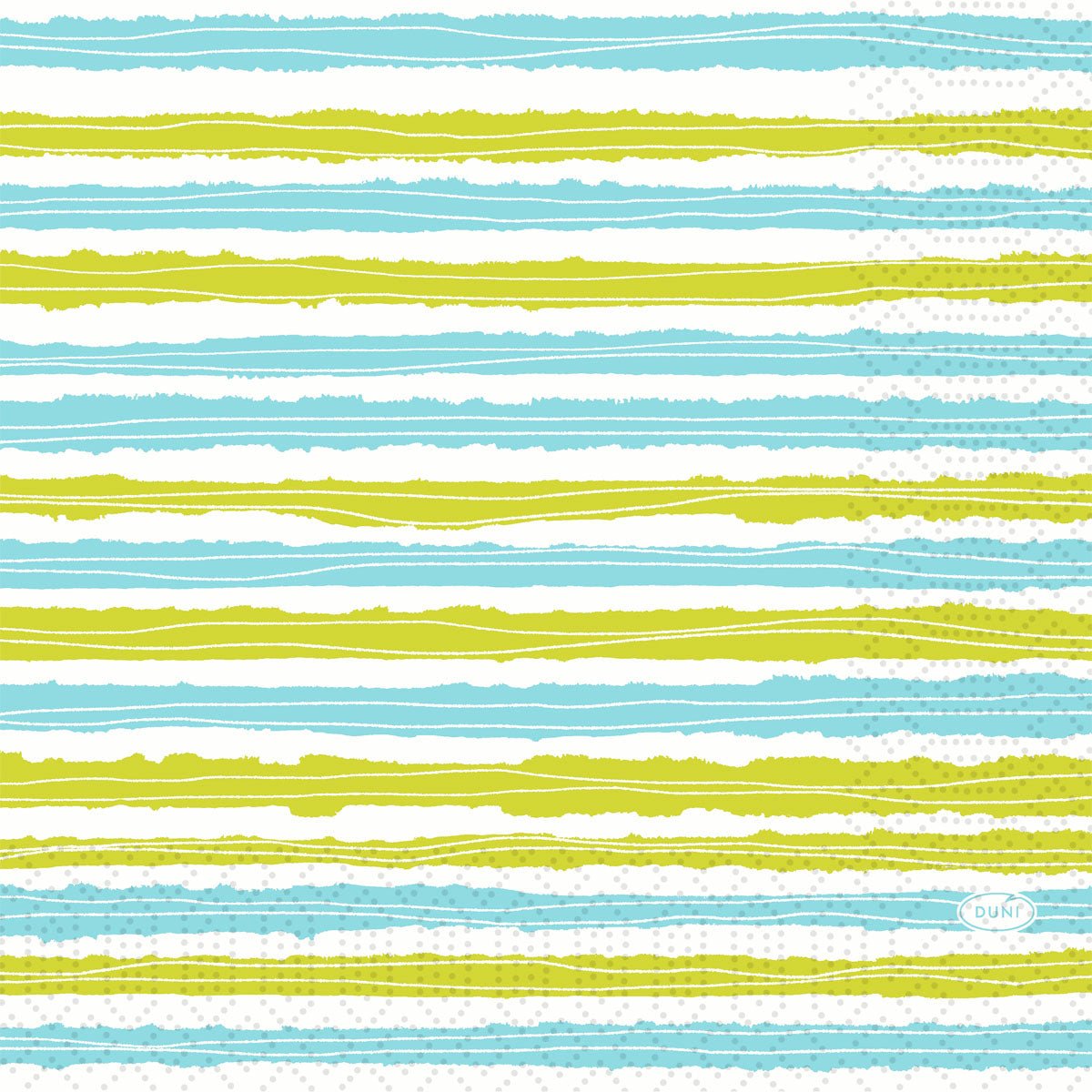 The Duni GmbH cellulose napkins 33x33 cm, 3-ply, Elise Stripes feature a hand-drawn look with blue and yellow-green horizontal stripes and gray dots on white. The package contains 50 napkins.