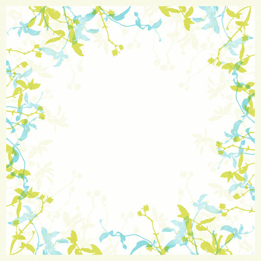 Die Dunicel-Mitteldecken 84 x 84 cm "Elise" von Duni GmbH (20 Stück) sind mit grünen und blauen Aquarellblättern an den Rändern verziert - perfekt für elegante und festliche Tischdekoration, die Mitte bleibt weiß.