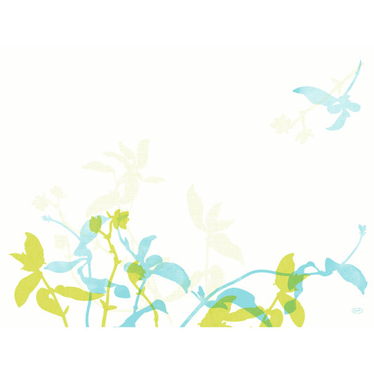 Die Dunicel-Tischsets 30 x 40 cm Elise von Duni GmbH zeigen ein minimalistisches Design mit hellgrünen und blauen Pflanzenstängeln, verblassenden Blättern und einem passenden Vogel auf Weiß. Jede Packung enthält 100 Tischsets.