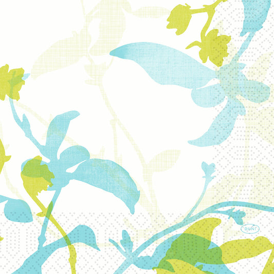 Die Duni GmbH Zelltuchservietten 33 x 33 cm 3lagig Elise zeigen ein botanisches Muster aus blauen und hellgrünen Blättern und Blüten auf Weiß mit einer gepunkteten Struktur. Die Packung enthält 250 Servietten, 1/4 Falz.