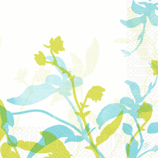 Abstrakte grüne und blaue Blumensilhouetten überlagern sich auf Weiß mit einem dezenten Punktmuster, ideal für Duni GmbH Zelltuchservietten 40 x 40 cm 3lagig 1/4 Falz Elise | Packung (250 Servietten) Designs.