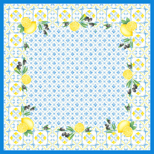 Die Dunicel-Mitteldecken 84 x 84 cm Mediterrian von Duni GmbH zeigen ein blau-weißes geometrisches Fliesenmuster mit Zitronen-, Blatt- und Olivenzweigbordüren - ideal für die Gastronomie Tischdekoration. Packung: 20 Stück.
