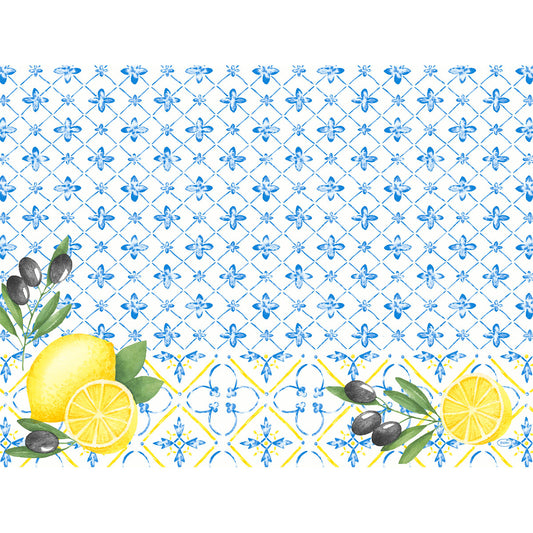 Die Duni GmbH Papier-Tischsets 30 x 40 cm Mediterrian zeigen ein blau-weißes, florales Kachelmuster mit gelben Zitronen, grünen Blättern und schwarzen Oliven in den Ecken sowie gelben, geschwungenen Akzenten. Jede Packung enthält 250 Papier-Tischsets.