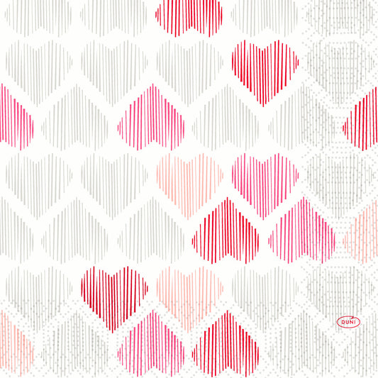 Die Zelltuchservietten 33 x 33 cm 3lagig 1/4 Falz Amour von Duni GmbH zeigen ein Herzmuster in roten, rosa und grauen Linien auf Weiß. Rechts unten befindet sich ein kleines rotes "DUNI"-Logo. Die Packung enthält 50 Servietten.