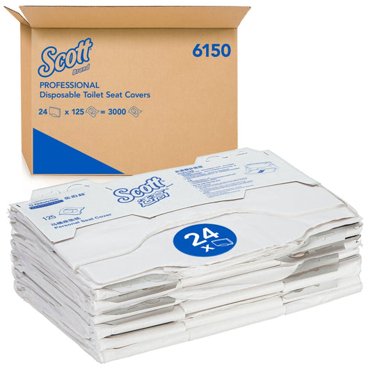 Ein Karton mit der Aufschrift "Scott® Toilettensitzauflagen - Weiß" der Kimberly-Clark GmbH enthält 24 Beutel mit je 125 Sitzauflagen (insgesamt 3.000) für den hygienischen Toilettengebrauch, wobei die einzeln verpackten Auflagen vorne abgebildet sind.