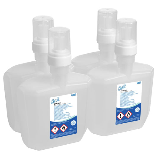 Vier transparente 1,2L Scott® CONTROL Handdesinfektionsschaum-Kassetten der Kimberly-Clark GmbH mit weißem Deckel und blau-weißen Etiketten mit Gefahrensymbolen sind in zwei Reihen angeordnet - ideal für eine effektive Händehygiene.