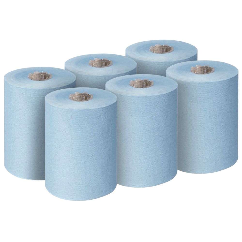 Sechs Scott® Essential™ Slimroll™ Handtücher (190,00 m x 19,80 cm, Kimberly-Clark GmbH) stehen in zwei Dreierreihen, unbenutzt mit sichtbarer Kartonmitte, und bieten umweltfreundliche Händetrocknung.