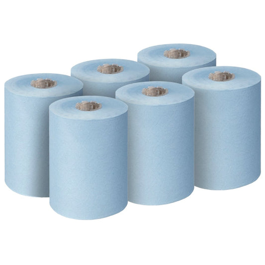 Sechs Scott® Essential™ Slimroll™ Handtücher (190,00 m x 19,80 cm, Kimberly-Clark GmbH) stehen in zwei Dreierreihen, unbenutzt mit sichtbarer Kartonmitte, und bieten umweltfreundliche Händetrocknung.