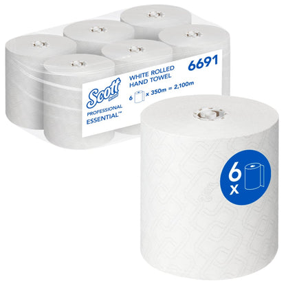 Pictured is a box with six Scott® Essential™ paper towels - roll / white (6 rolls) from Kimberly-Clark GmbH, with one roll on the front and packaging with brand and product information for hygienic hand cleaning.