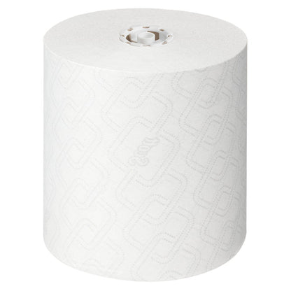 A large Scott® Essential™ paper towel roll in white from Kimberly-Clark GmbH, pictured from above on a white background - perfect for hygienic hand cleaning; 6 rolls x 1 sheet in the box.