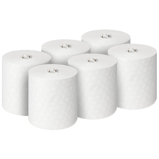 Six Scott® Essential™ Handtücher Rollen (weiß), von Kimberly-Clark GmbH, sind in zwei Reihen à drei auf weißem Grund angeordnet. Jede der 6 Rollen im Karton eignet sich ideal für hygienische Handreinigung.