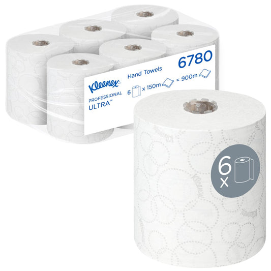 Kimberly-Clark GmbH Kleenex® ULTRA™ Handtücher - 6 Rollen à 150 m, hygienisch einzeln verpackt- insgesamt 900 m weiße Papierhandtücher im Karton.