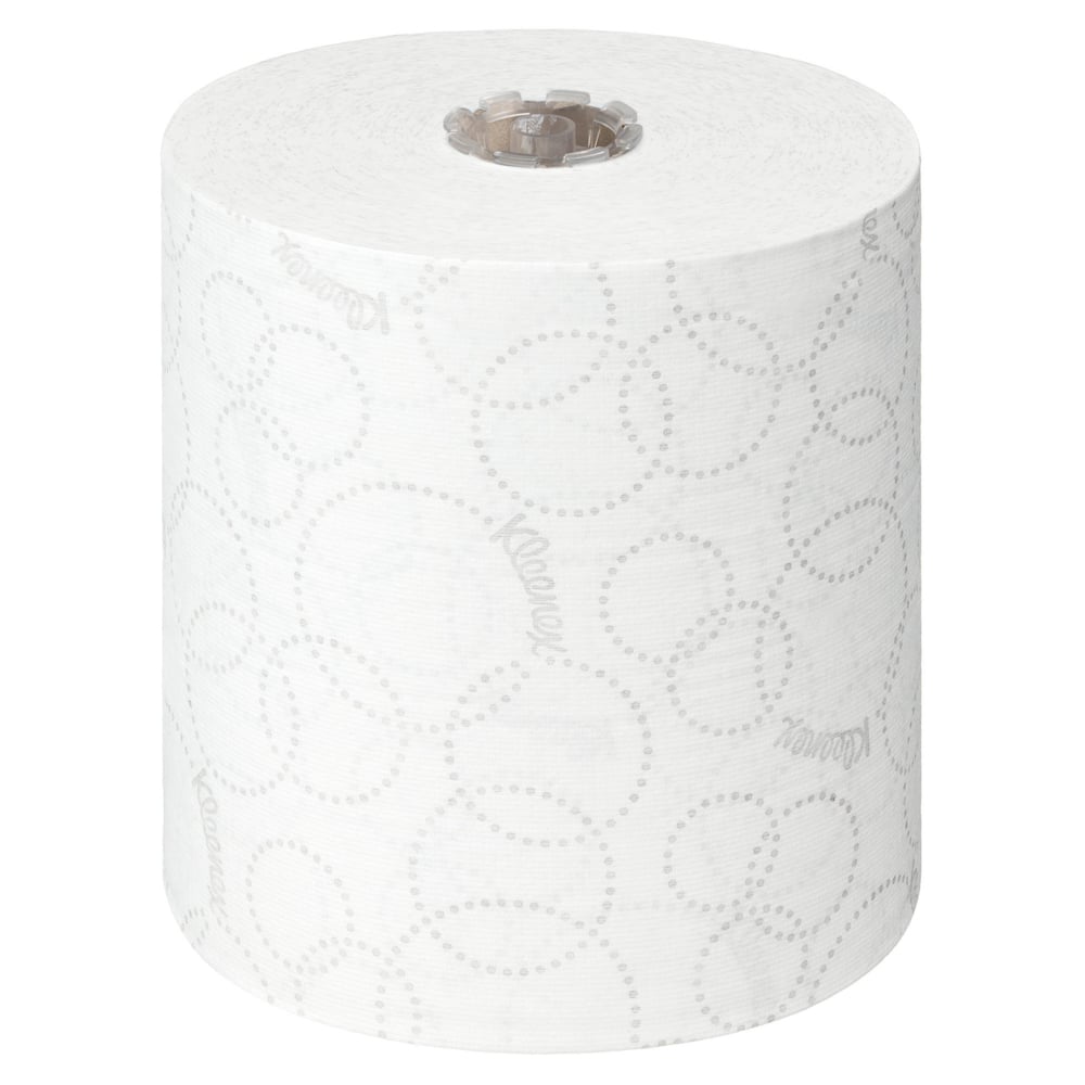 A Kleenex® ULTRA™ Handtücher Papierrolle von Kimberly-Clark GmbH in Weiß (150m, 6 Rollen/Karton) mit Punktmuster, ideal für hygienische Handtrocknung. Die Rolle steht aufrecht auf weißem Hintergrund.