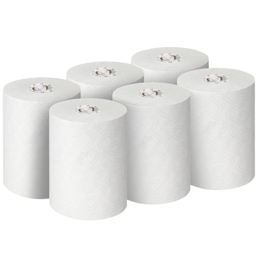 Sechs ungebrauchte weiße Scott® CONTROL EXTRA STRONG Handtücher-Rollen der Kimberly-Clark GmbH sind in zwei Dreierreihen angeordnet, die jeweils den sichtbaren Kern und die stabilen extra starken Blätter zeigen. Packung: 6 Rollen/Karton.