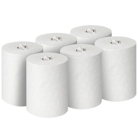 Sechs ungebrauchte weiße Scott® CONTROL EXTRA STRONG Handtücher-Rollen der Kimberly-Clark GmbH sind in zwei Dreierreihen angeordnet, die jeweils den sichtbaren Kern und die stabilen extra starken Blätter zeigen. Packung: 6 Rollen/Karton.