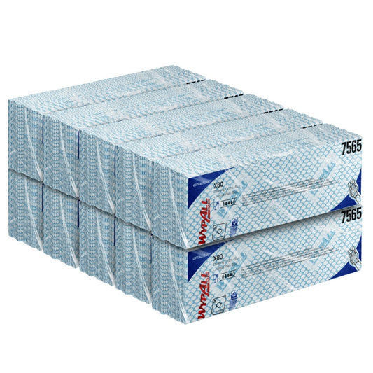 Ein Stapel blauer und weißer WypAll® X80 Critical Clean - Interfold Boxen (41,00 x 33,00 cm) der Kimberly-Clark GmbH, angeordnet in zwei Reihen für die industrielle Reinigung, mit der Produktnummer 7565 auf der Seite sichtbar.