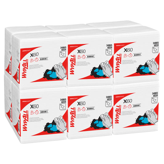 Zwölf Beutel mit weißen WypAll® X60 General Clean Viertelfaltetüchern der Kimberly-Clark GmbH sind in zwei Reihen angeordnet. Jeder Beutel ist mit einem roten und schwarzen Branding, einer Handreinigung und zweisprachigen Produktinformationen für eine effiziente Reinigung versehen.
