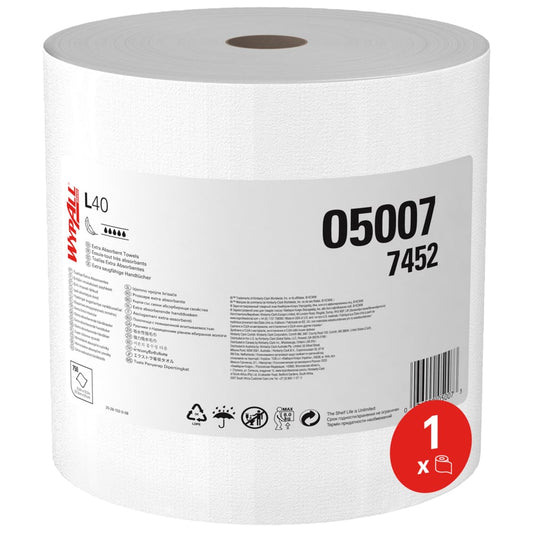 Eine große weiße WypAll® L40 PowerClean Großrolle der Kimberly-Clark GmbH (1 Rolle x 750 Blatt, Karton) ist mit der Artikelnummer 05007 7452, Anwendungssymbolen und einem roten "1 x"-Symbol versehen, das die hohe Saugfähigkeit hervorhebt.