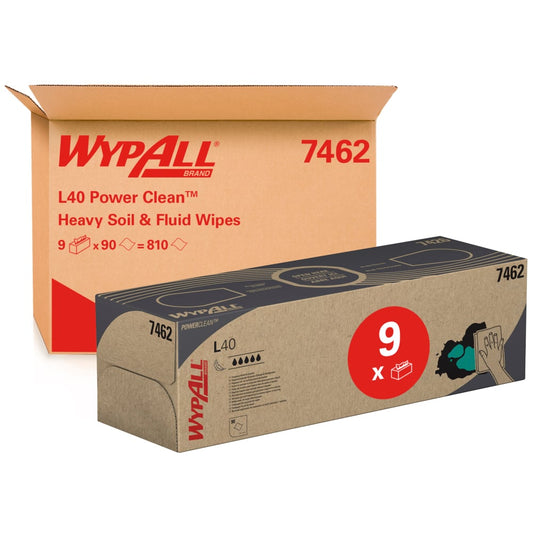Abgebildet sind ein brauner Karton und eine rechteckige Zupfbox-Verpackung von Kimberly-Clark GmbH WypAll® L40 PowerClean Reinigungstüchern, die 9 Schachteln mit je 90 weißen Tüchern, insgesamt 810 Tücher, enthält.