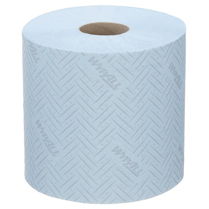 Der WypAll® L20 Papierwischtuch von Kimberly-Clark GmbH ist ein hellblaues Wischtuch für industrielle Reinigungsaufgaben, im praktischen Zentralentnahme-System (38,00 cm x 18,30 cm) mit Sicht auf den braunen Kern.