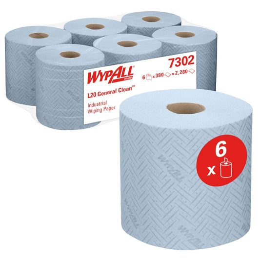 Abgebildet sind sechs blaue Rollen WypAll® L20 Papierwischtuch für industrielle Reinigungsaufgaben von Kimberly-Clark GmbH, vorne eine und hinten fünf verpackt für die Zentralentnahme. Ein rotes Etikett zeigt an, dass die Packung 6 Rollen (38,00 x 18,30 cm) enthält.