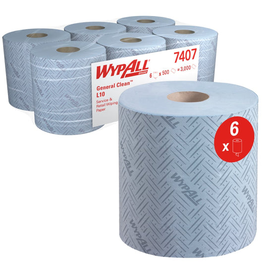 Sechs große WypAll® L10 Papierwischtuchrollen von Kimberly-Clark GmbH für Reinigung im Service & Einzelhandel, Centrefeed für Reach+™ (38x18,3cm), abgebildet mit Produktetikett: 6 Rollen/Packung, 500 Blatt/Rolle-ideal für Centrefeed-Spender-Systeme.
