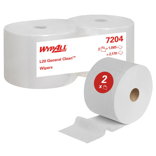 Abgebildet sind zwei weiße Großrollen von Kimberly-Clark WypAll® L20 General Clean Großrolle, eine davon ausgepackt und teilweise abgerollt. Das Verpackungsetikett zeigt 2 Rollen x 1.085 Blatt - insgesamt 2.170 Blatt pro Karton.