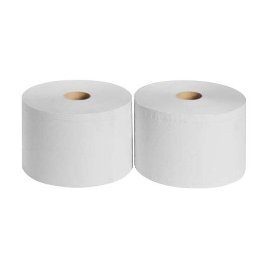Zwei WypAll® L20 General Clean Großrollen (2 x 1085 Blatt, weiß) der Kimberly-Clark GmbH sind nebeneinander vor einem einfarbig weißen Hintergrund platziert.