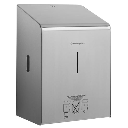 Der Kimberly-Clark Professional™ Rollenhandtuchspender Edelstahl der Kimberly-Clark GmbH ist ein wandmontierter Spender aus Edelstahl mit einem zentralen, vertikalen Schlitz und didaktischen Abbildungen auf der unteren Frontplatte.