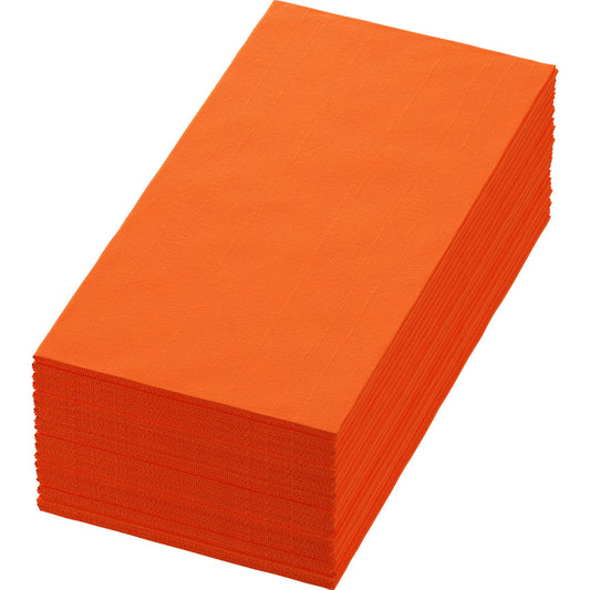 Ein Stapel Duni GmbH Zelltuchservietten 40 x 40 cm, 3-lagig, Sun Orange (1/8 Buchfalz, Packung mit 250 Servietten) ist sauber gefaltet vor einem weißen Hintergrund abgebildet.