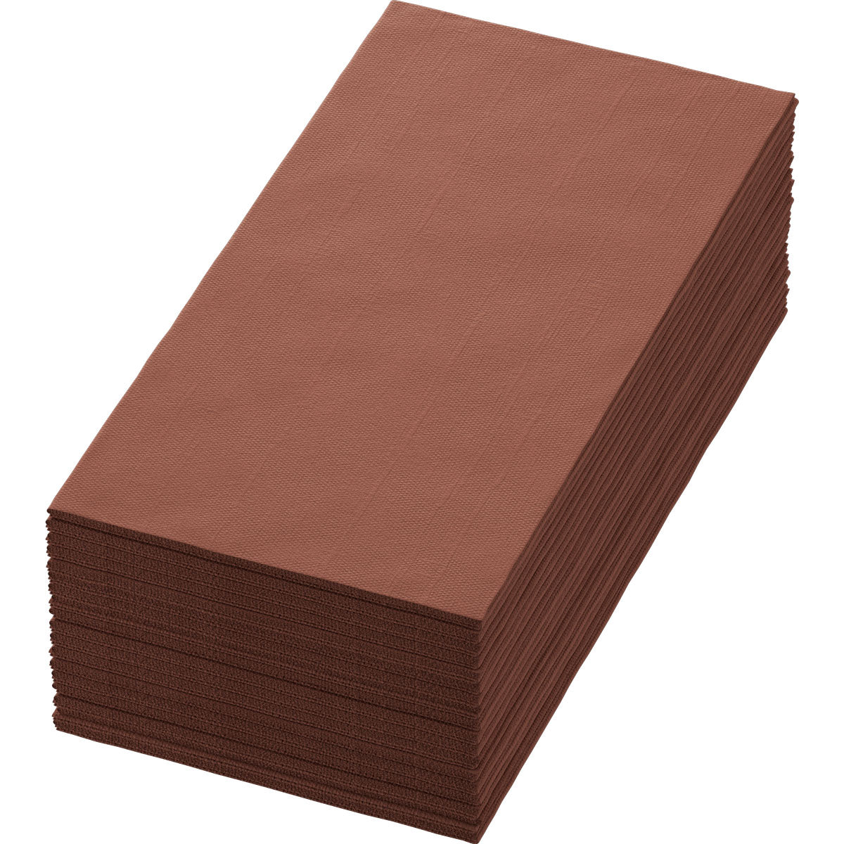 Ein fein säuberlich geordneter Stapel Duni GmbH Zelltuchservietten 40 x 40 cm, 3-lagig, 1/8 Buchfalz in Kastanie (Packung mit 250 Servietten) wird aus einem Winkel gezeigt, der sowohl die Oberseite als auch die Seiten vor einem weißen Hintergrund hervorhebt.