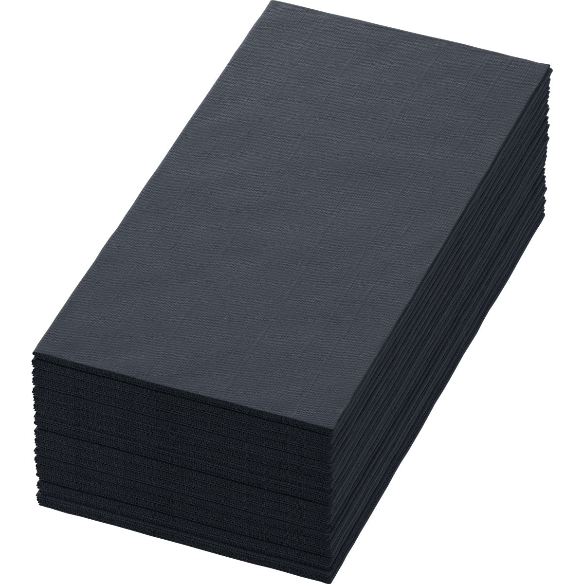 Ein Stapel Duni GmbH Zelltuchservietten 40 x 40 cm, 3-lagig, schwarz (1/8 Buchfalz), Packung mit 250 Servietten, ist rechteckig und ordentlich auf weißem Hintergrund angeordnet.