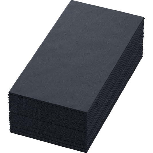 Ein Stapel Duni GmbH Zelltuchservietten 40 x 40 cm, 3-lagig, schwarz (1/8 Buchfalz), Packung mit 250 Servietten, ist rechteckig und ordentlich auf weißem Hintergrund angeordnet.
