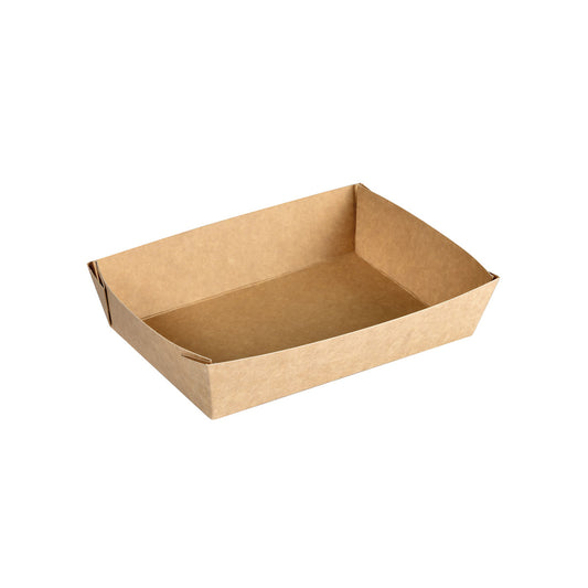 Die Viking Brick Box Braun Karton/PE 200x140x45 von Duni GmbH, eine rechteckige braune Lebensmittelschale mit erhöhtem Rand und offener Oberseite, wird auf weißem Hintergrund als praktische Verpackungslösung gezeigt. Packung: 300 Stück.