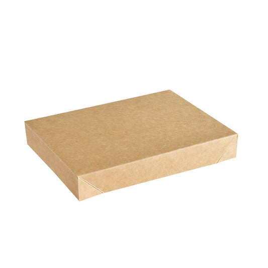 Ein Viking Brick Deckel Braun Karton/PE 200x140x30 von Duni GmbH, hier geschlossen und rechteckig vor weißem Hintergrund, dient als praktische Verpackungsabdeckung. Packung: 300 Stück.