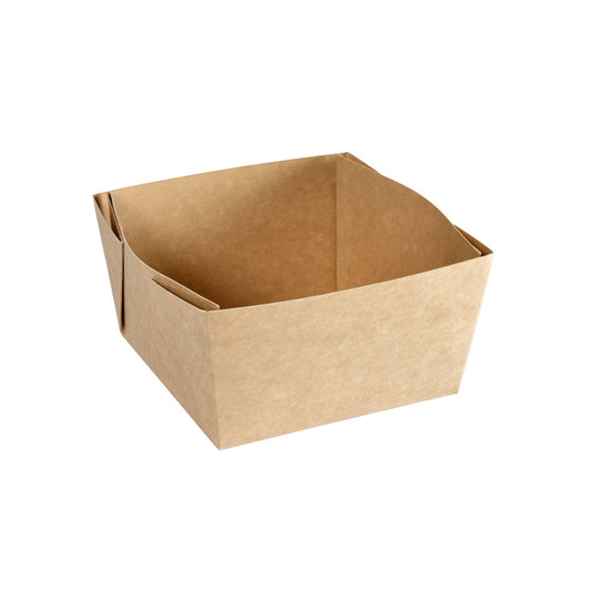 Die stabile, quadratische Viking Block Box Braun Karton/PE 140x140x75 der Duni GmbH (300er Pack), leicht schräg auf weißem Grund abgebildet - ideal für die sichere und geordnete Aufbewahrung.