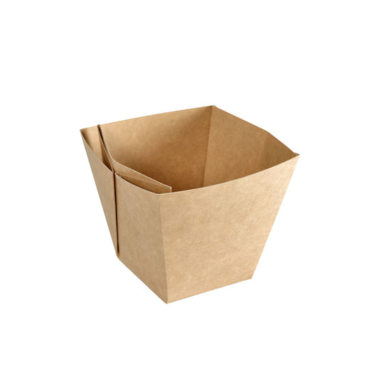 Abgebildet ist eine leere Viking Cube High Box Braun Karton/PE 113x113x100 der Duni GmbH, ein brauner Lebensmittelbehälter aus Papier mit eckigen Seiten und offenem Deckel, vor weißem Hintergrund. Packung (300 Stück).