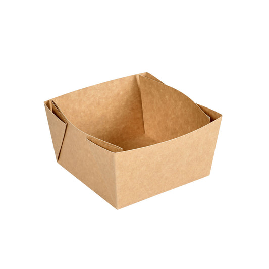 Eine Viking Block Box 1200 ml Braun Karton/PLA von Duni GmbH (140x140x75 mm) wird leer und aufrecht vor einem weißen Hintergrund fotografiert. Diese umweltfreundliche Lebensmittelbox hat gefaltete Kanten. Packung: 300 Stück.