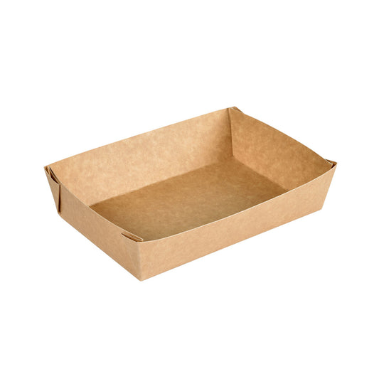 Die Viking Brick Box 1100 ml von Duni GmbH ist eine rechteckige, braune Karton/PLA-Einwegschale (200x140x45 mm), leer und auf weißem Hintergrund abgebildet - ideal als umweltfreundliche Lebensmittelverpackung für Take-away. Packung: 300 Stück.