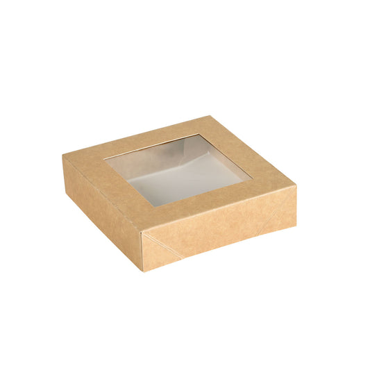 Abgebildet ist ein quadratischer, brauner Viking Cube Deckel mit PLA Fenster (113x113x29mm) der Duni GmbH auf weißem Hintergrund. Der teilweise geöffnete Deckel gibt den Blick auf das leere Innere der Lebensmittelverpackung frei. Packung: 300 Stück.